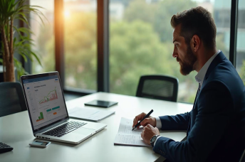 Business owner and buyer reviewing domain negotiation notes in a modern office
